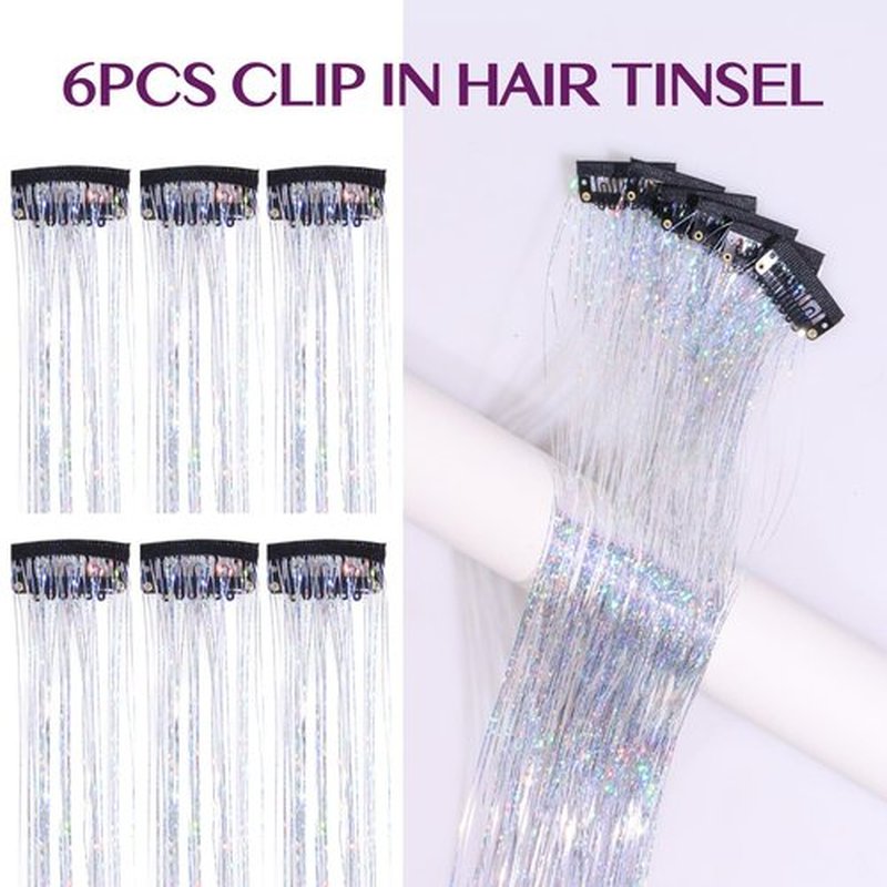IDN BEAUTY Hair Tinsel Clip in, 6pcs Silver Sparkling Tinsel Hair Extensions 3s Wear and Go for Party Daily Travel Birthday, 24Inch Hair Accessories for Girls Women Kids