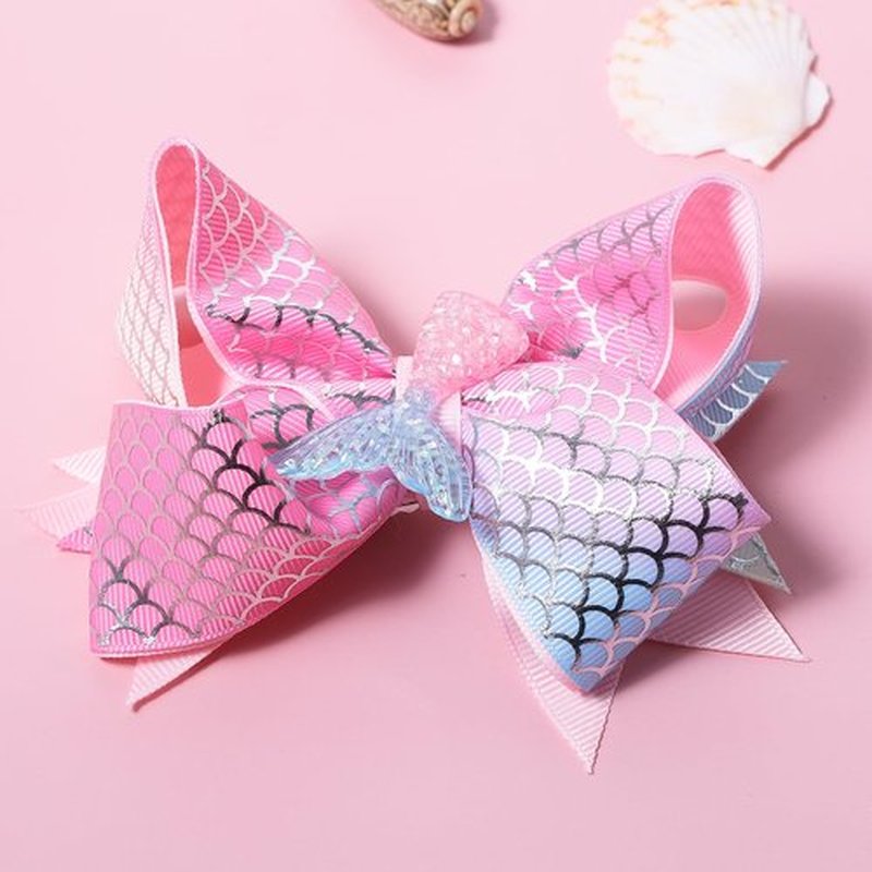 Glitter Mermaid Hair Bow Clips Girls Birthday Gift 2pcs 4.7" Mermaid Scales Ribbon Alligator Barrettes for Kids Toddlers Teens Summer Beach Dress outfits Decor Accessories