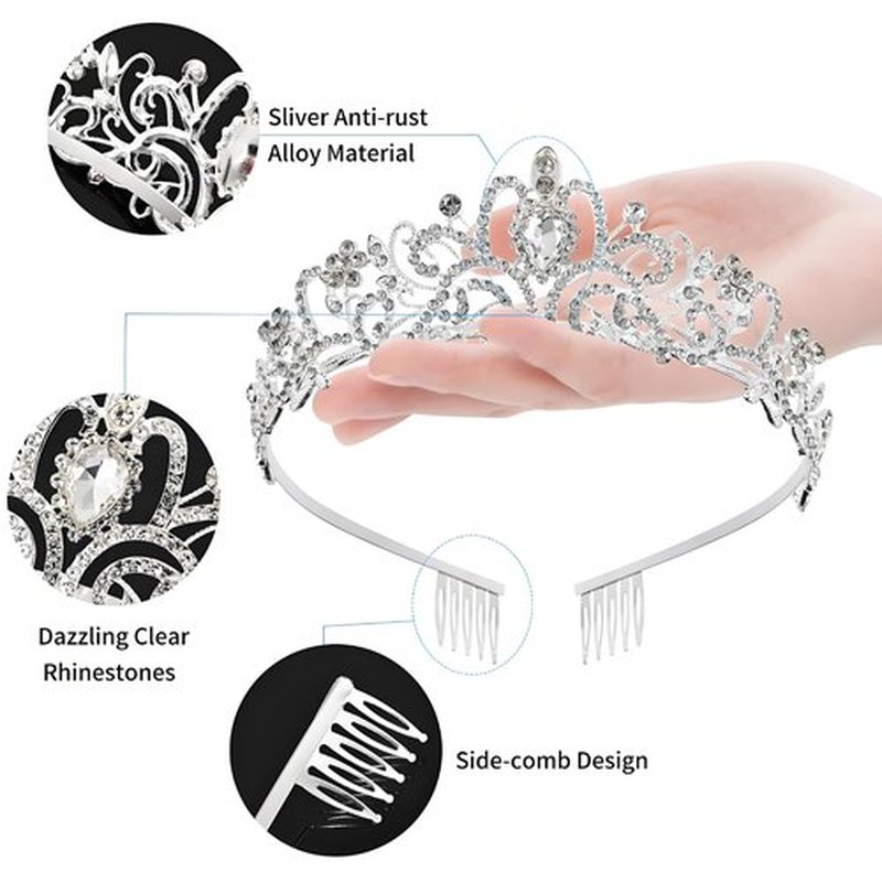 Princess Crown for Women, Crystal Queen Tiaras for Girls Bridal Hair Accessories Gifts for Birthday Wedding Prom, Bridal Party, Pageant, Halloween Christmas Costume (A#-Silver 4 Pcs)