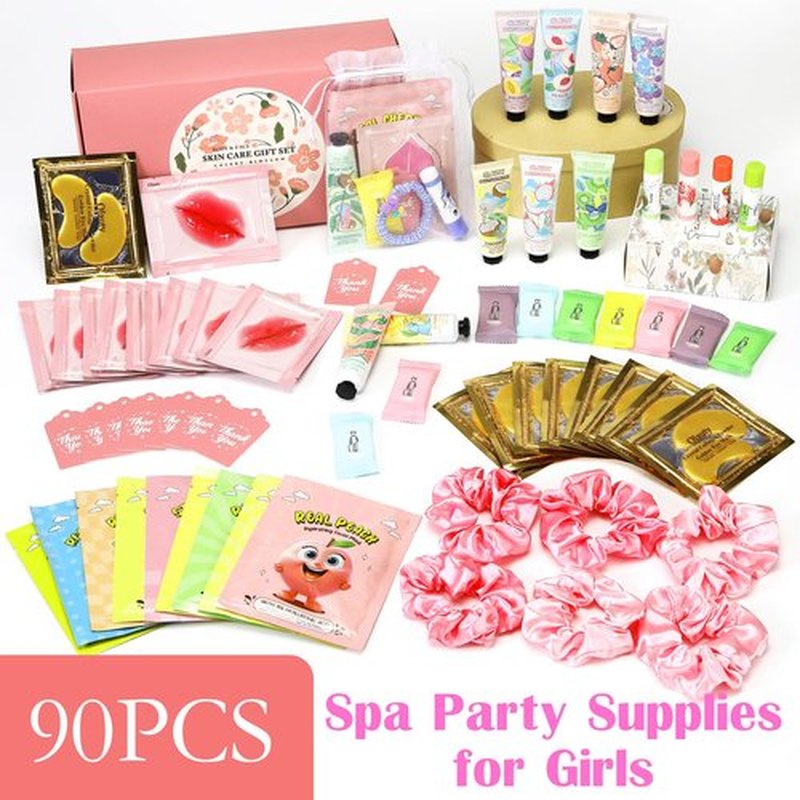 90 PCS Spa Party Supplies for Girls, Include 10 PCS Lip Mask, Eye Mask, Facial Masks, Lip Balm, Hand Cream, Scrunchie, Compressed Towel, Organza Bag, Cards, Spa Birthday Party Supplies for Girls