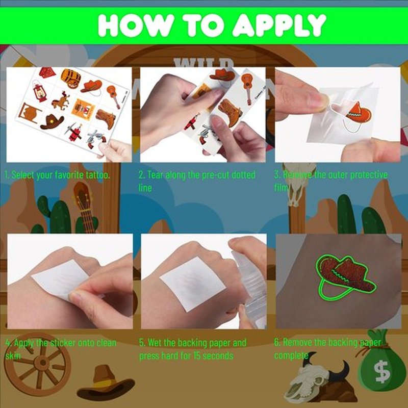 96 PCS Western Cowboy Pre-Cut Luminous Glow in the dark Temporary Tattoos for Kids First Themed Birthday Party Supplies Favors Decorations 8 Sheets Super Cute Fake Tattoo Stickers Gifts for Boys Girls