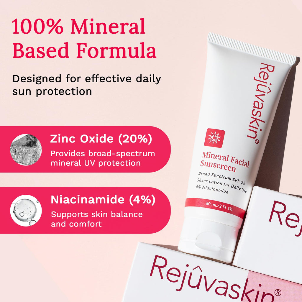 Rejuvaskin Mineral Facial Sunscreen SPF 32, Daily Mineral Sunscreen Face for Sensitive Skin, Broad Spectrum UVA/UVB Protection, Oil Free, Acne Safe Sunscreen, 3.38 fl oz.