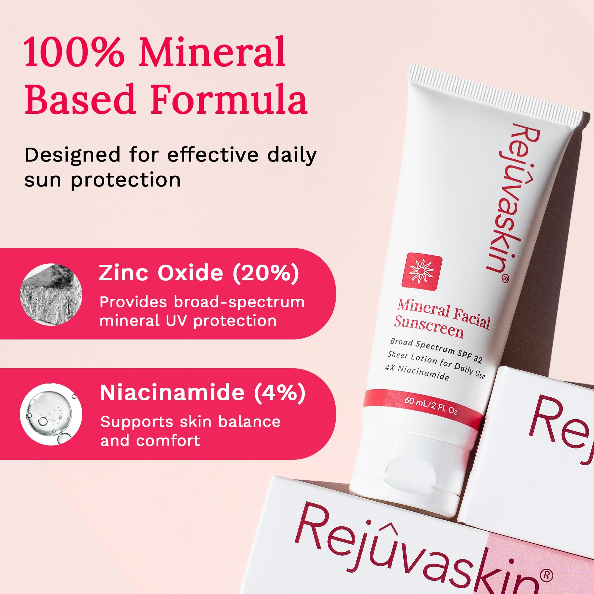 Rejuvaskin Mineral Facial Sunscreen SPF 32, Daily Mineral Sunscreen Face for Sensitive Skin, Broad Spectrum UVA/UVB Protection, Oil Free, Acne Safe Sunscreen, 3.38 fl oz.