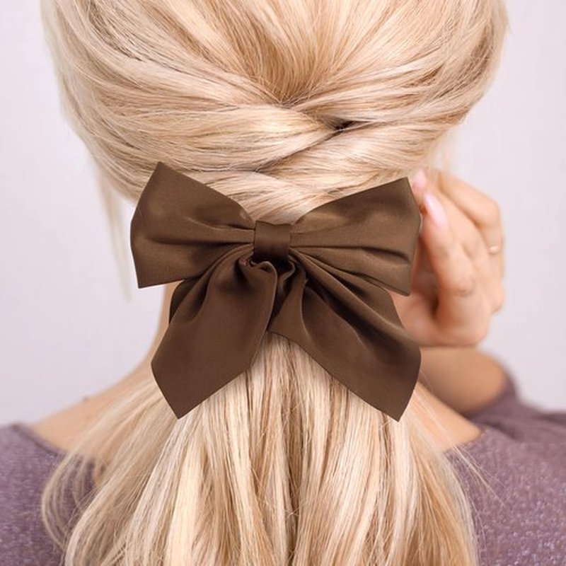 Incinkod 4 Pcs Hair Bows for Women, Short Tail Bow Hair Clips, Cute Silky Satin Womens Hair Bows, Bow Clips for Women (Black, White, Dark Brown, Light Brown)