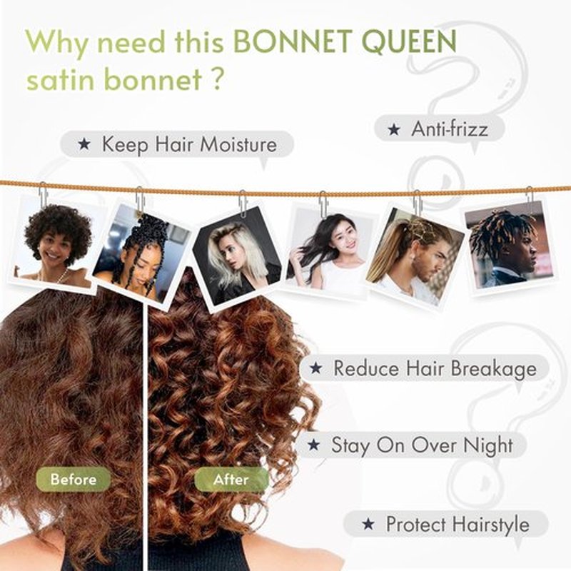 BONNET QUEEN Silk Bonnet for Sleeping Women Satin Bonnet Anti-Frizzy Night Sleep Cap Hair Wrap for Curly Hair with Adjustable Tie Band,Black