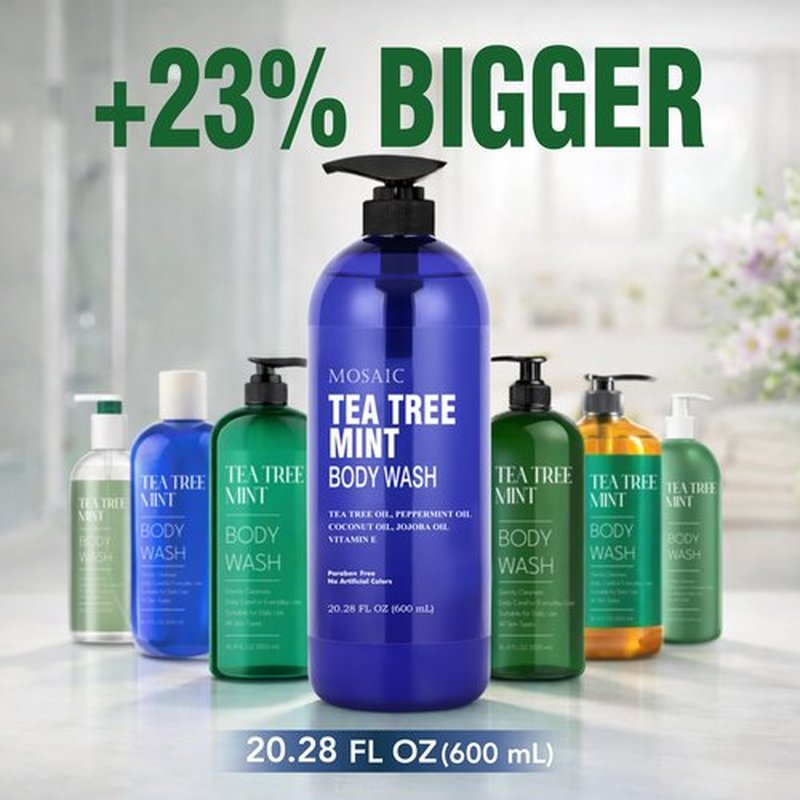 Tea Tree Body Wash with Mint & Shower Gel with Vitamin E for Jock Itch, Eczema, Ringworm, Body Odor, Body Wash Women & Men with Added Body Oils,LARGE 20.2 FL Oz Bottle (Tea Tree Mint, Pack of 2)