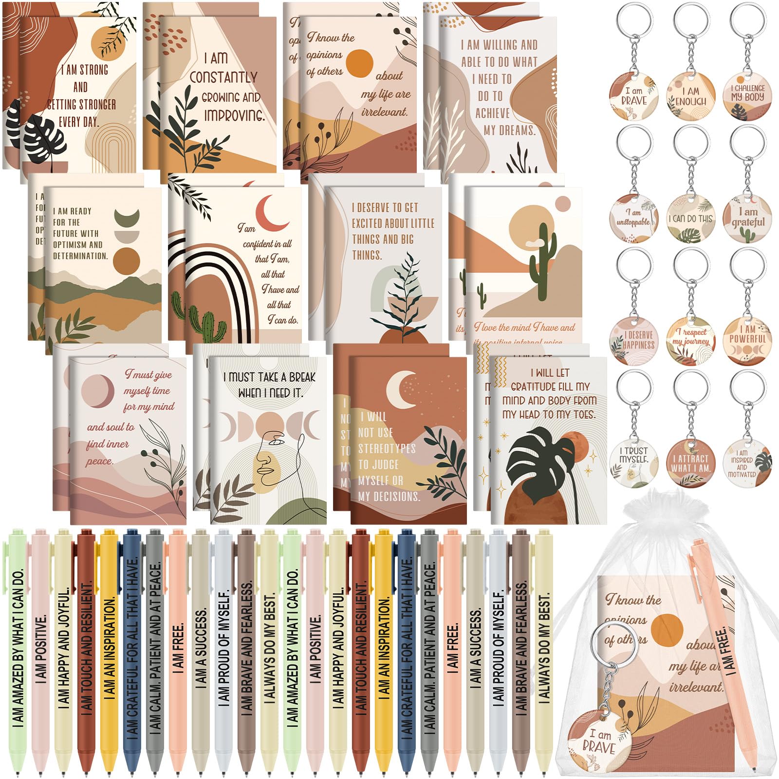 Mooliwe Positive Affirmation Back to School Gift Set Gratitude Notebooks with Pens Acrylic Keychains Small Bags Motivational Notepads for Women Coworkers Adults Party Favors(Boho)