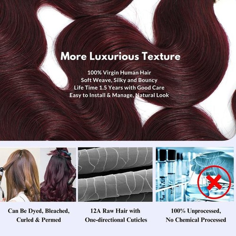 99j Dark Burgundy Body Wave 3 Bundles with 4x4 Closure Human Hair HD Lace Free Part, 12A Soft and Glossy #99j Wine Color 100% Brazilian Virgin Remy Hair Bundles with Closure 10 12 14+10 Inch