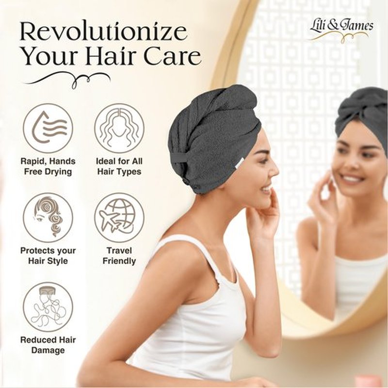 Lili&James 100% Cotton Hair Towel Wrap Quick Dry Super Absorbent Turban Head Wrap for Women/Kids/Men with Double Button, Anti Frizz, Hair Cap for Curly, Long & Thick Hair (Dark Grey)