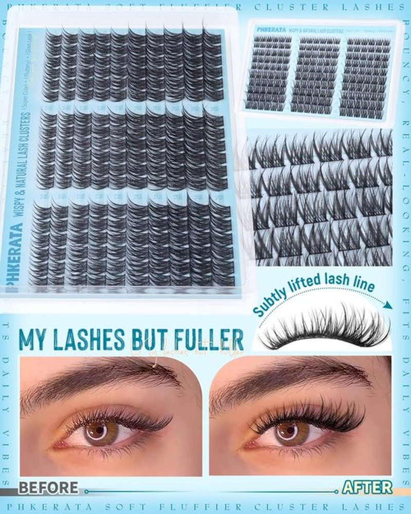 PHKERATA Wispy Lash Clusters Naural Eyelash Clusters Extensions C Curly Individual Lashes Clusters DIY Eyelash Extension with Wide Soft Thin Band,10-16MM,180Pcs