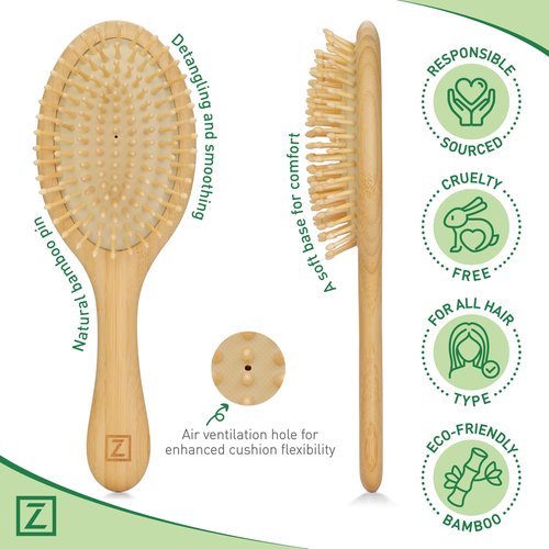 Bamboo Bristle Hair Brush for Women, Men, Kids; Dry and Wet Detangling Hair Brush Gently Enhances Shine, Smooths Frizz and Prevents Breakage in Fine and Straight, Thick and Curly Hair (oval)