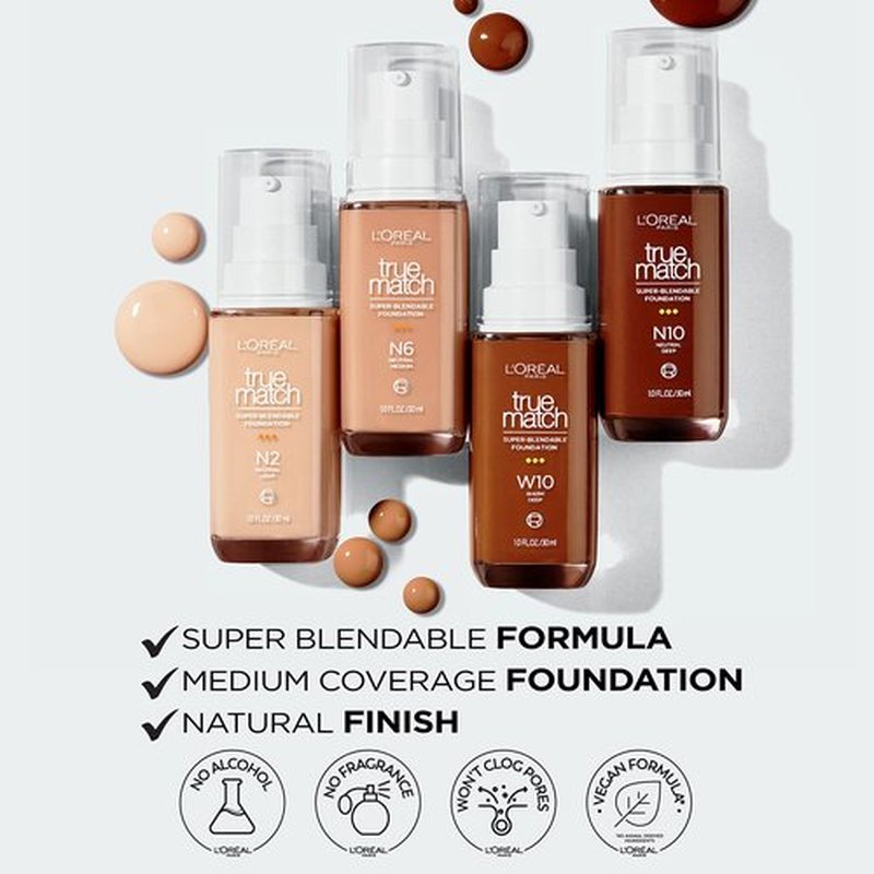 L’Oréal Paris True Match Super-Blendable Foundation, Medium Coverage Liquid Foundation Makeup with SPF 17, W10.5, Deep, 1 Fl Oz (Pack of 3)