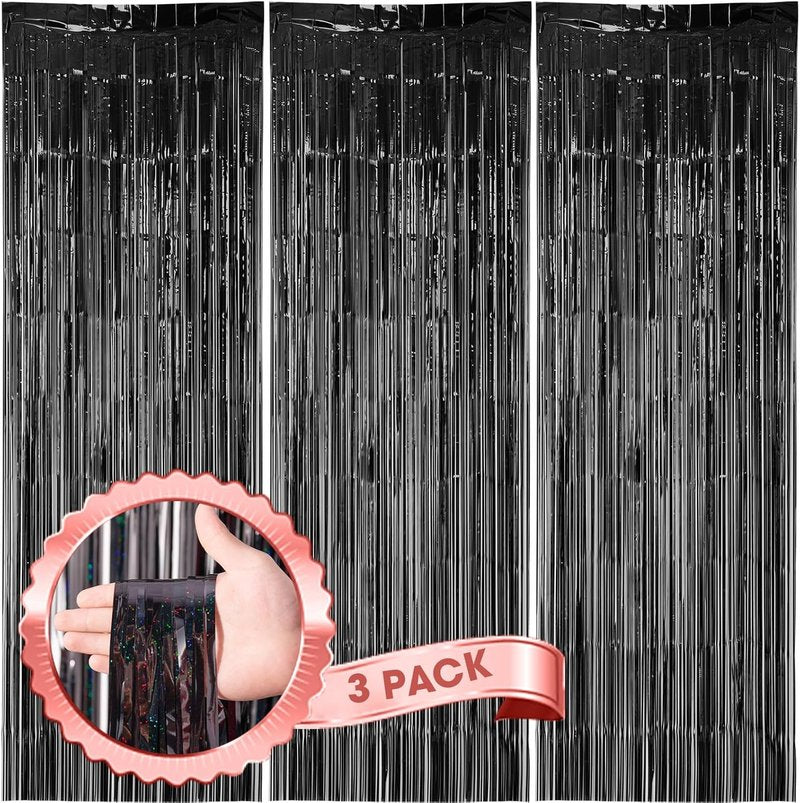 Voircoloria Laser Black Foil Fringe Backdrop Curtains - 3 Pack Tinsel Streamers for Parties & Events | 3.3 x 8.2 ft