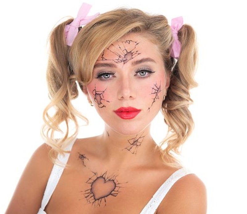 Tattoocrew 2 x Broken Doll Temporary Tattoo Halloween Costume for Men and Women, Adult, Face Sticker