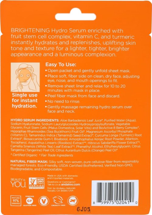 Andalou Naturals Hydro Serum Facial Mask - Instant Brightening & Tightening, 0.6 Fl Oz