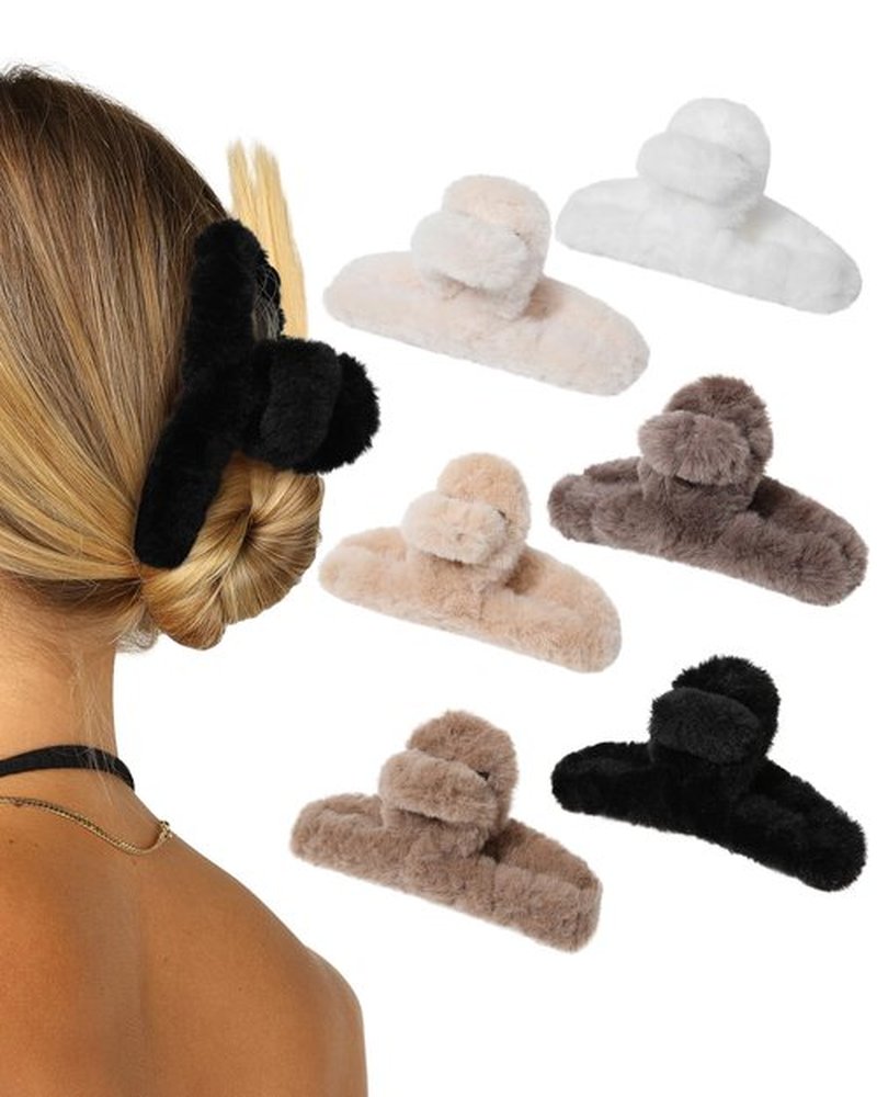 AWAYTR Plush Clip - Hair Clip, 6 Pcs Rectangular Cute Hair Clips for Women, Large Hair Barrettes for Thick Hair, Non Slip Hair Jaw Clips for Girls, Camel/Coffee/Beige/Khaki/White/Black