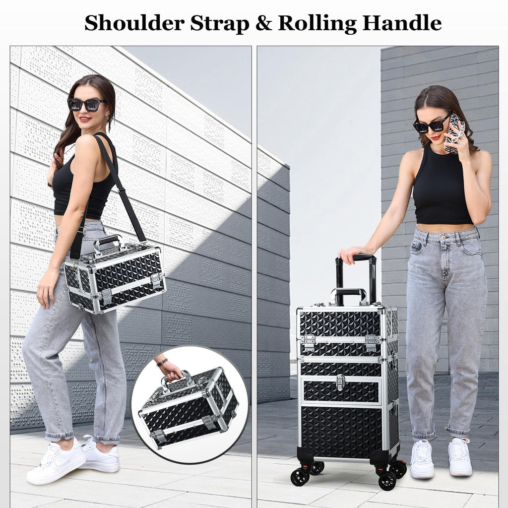 Joligrace Rolling Makeup Case with Drawers - Tattoo Storage Organizer Travel Cart for Nail Tech, Cosmetology, Barber Tools - Portable Suitcase on Wheels