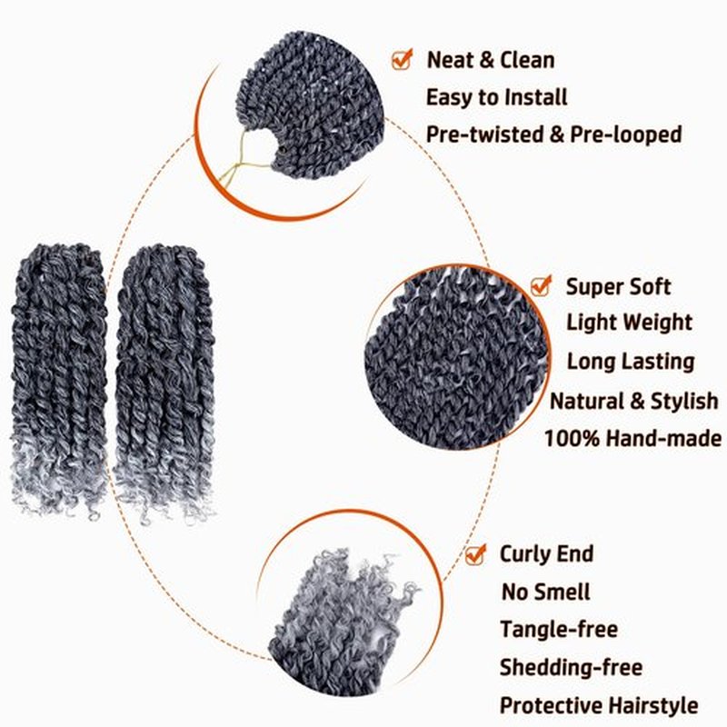 Short Passion Twist Hair 8 Inch Pre-twisted Passion Twist Crochet Hair for Women 8 packs Pre-looped Water Wave Crochet Braids Bohemian Curly Braiding Hair Synthetic Hair Extensions 1B/Gray