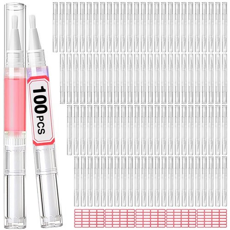 DupakSYS Nail Oil Pen 100Pcs 3ml Empty Cuticle Oil Pen Travel Transparent Twist Pens with Brush Tip for Nail Oil, Eyelash Growth Liquid Tube, Cosmetic Lip Gloss Container Applicators + 120pcs Label