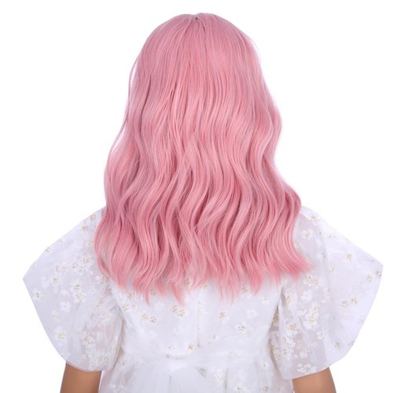 Edivd Pastel Pink Wig for Kids Girls Short Light Pink Wig with Air Bangs Short Pink Wavy Curly Wig for Child Heat Resistant Synthetic Wig with Wig Cap