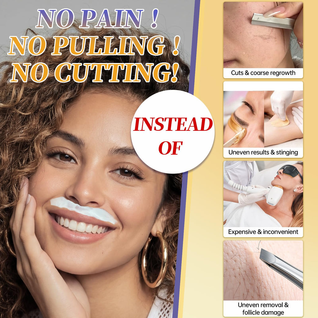 Facial Hair Removal For Women, Painless & Gentle Hair Removal Cream | Chin | Upper Lip | Cheeks for Sensitive Skin (5 Min, 7 Days) - 1.69Fl Oz