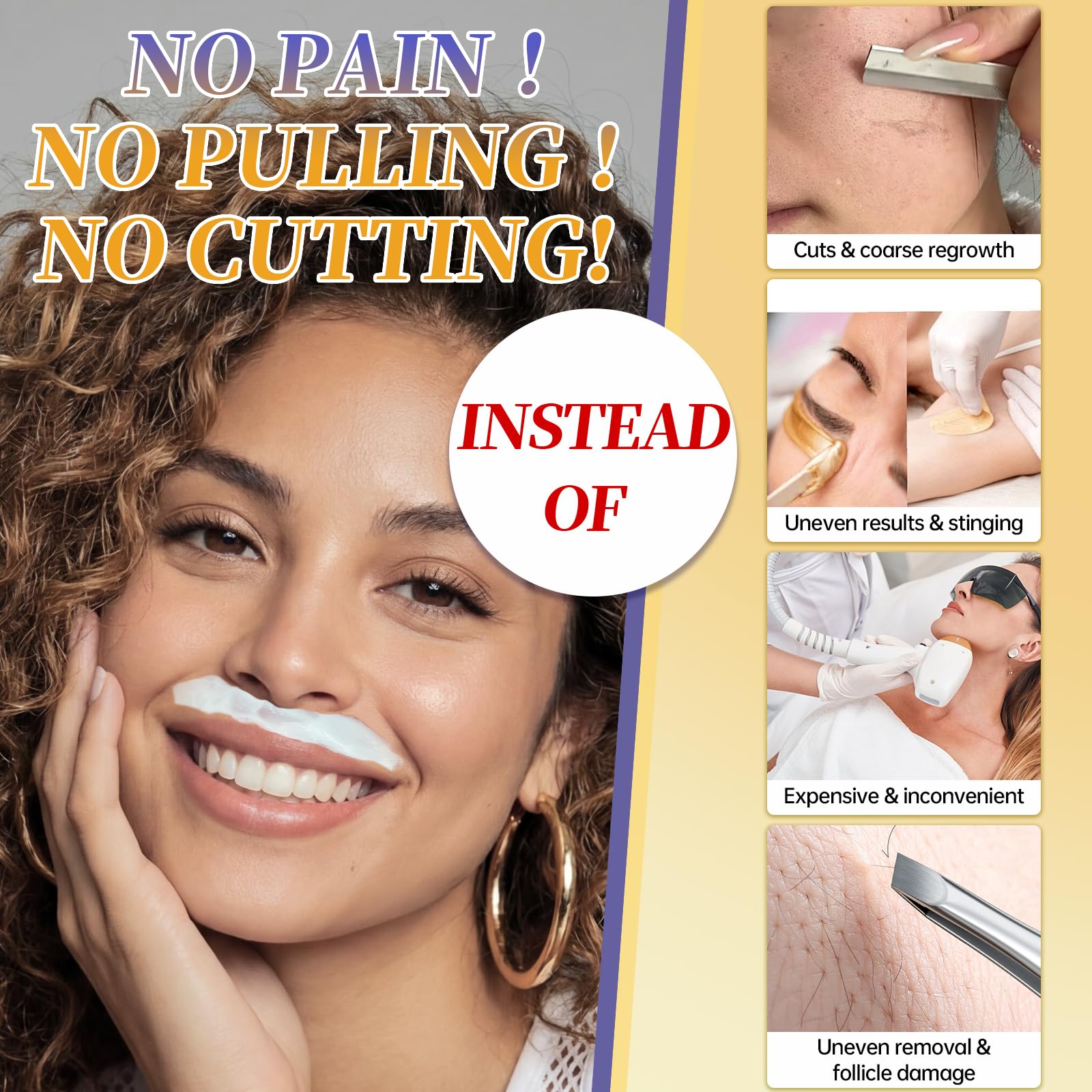 Facial Hair Removal For Women, Painless & Gentle Hair Removal Cream | Chin | Upper Lip | Cheeks for Sensitive Skin (5 Min, 7 Days) - 1.69Fl Oz
