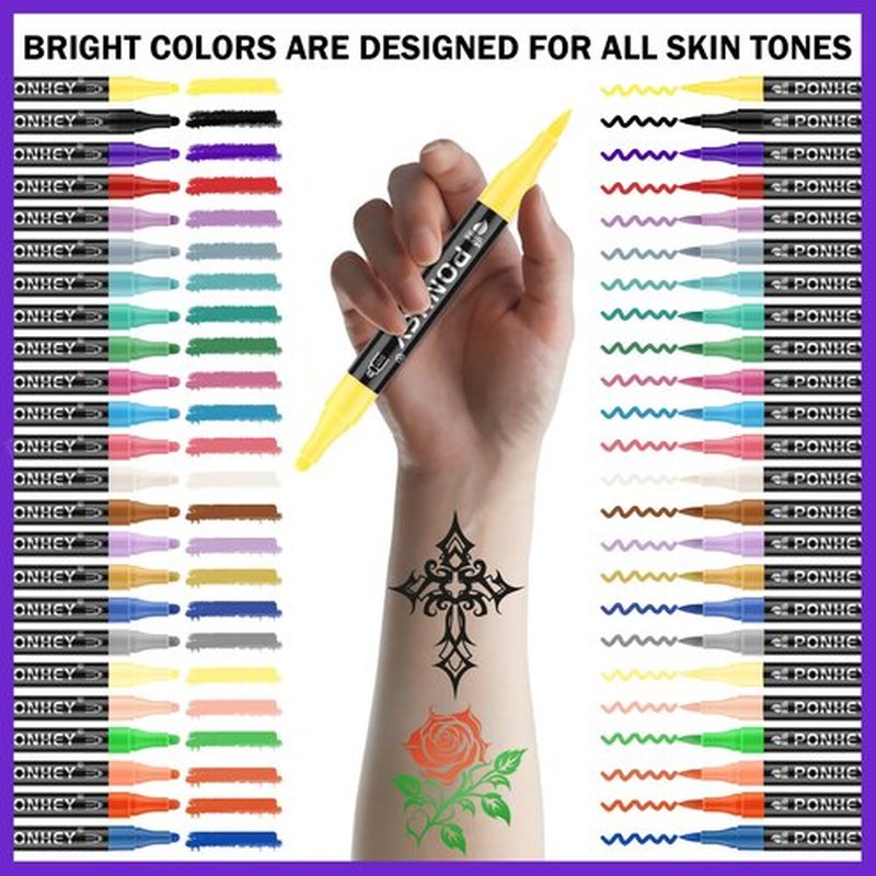 Ponhey Temporary Tattoo Markers for Skin, 24 Body Markers+67 Large Tattoo Stencils,Dual-End Tattoo Pens,Fine Lines with Cosmetic-Grade,Flexible, Skin-Safe Face Paint Kit for Kids Teenage Adults