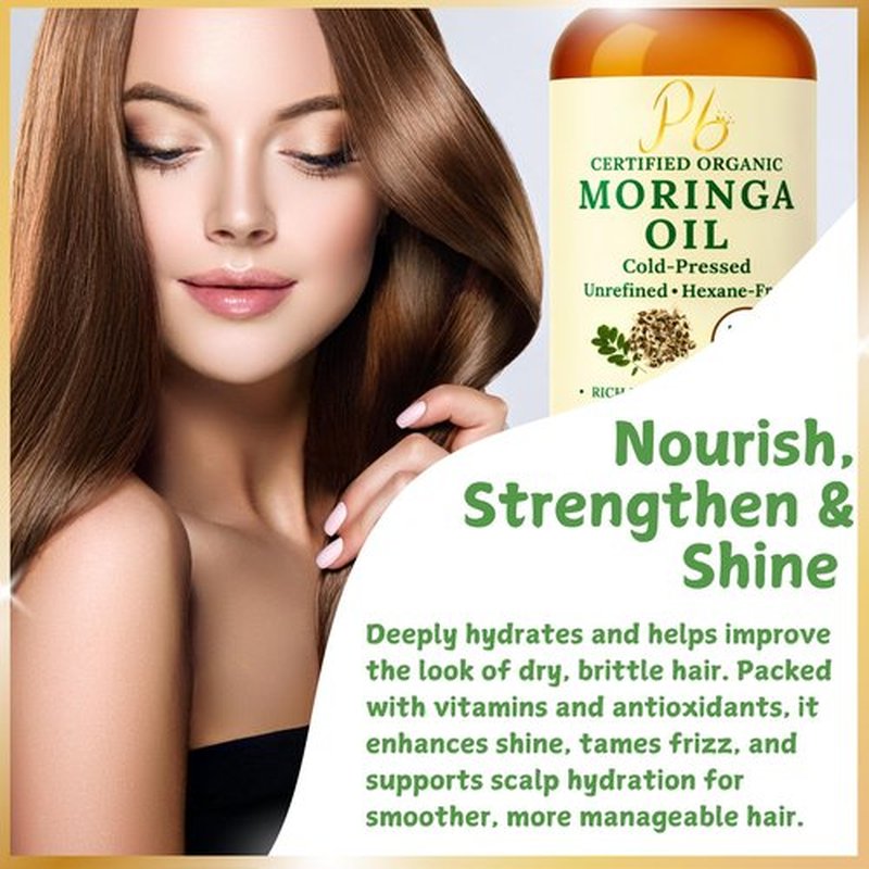 Pomberries Organic Moringa Oil – USDA Certified 100% Pure, Cold-Pressed & Unrefined – Moringa Seed Oil for Face, Skin, Hair & Body – Hydrating, Anti-Aging Moisturizer – 4 fl oz Amber Glass Bottle
