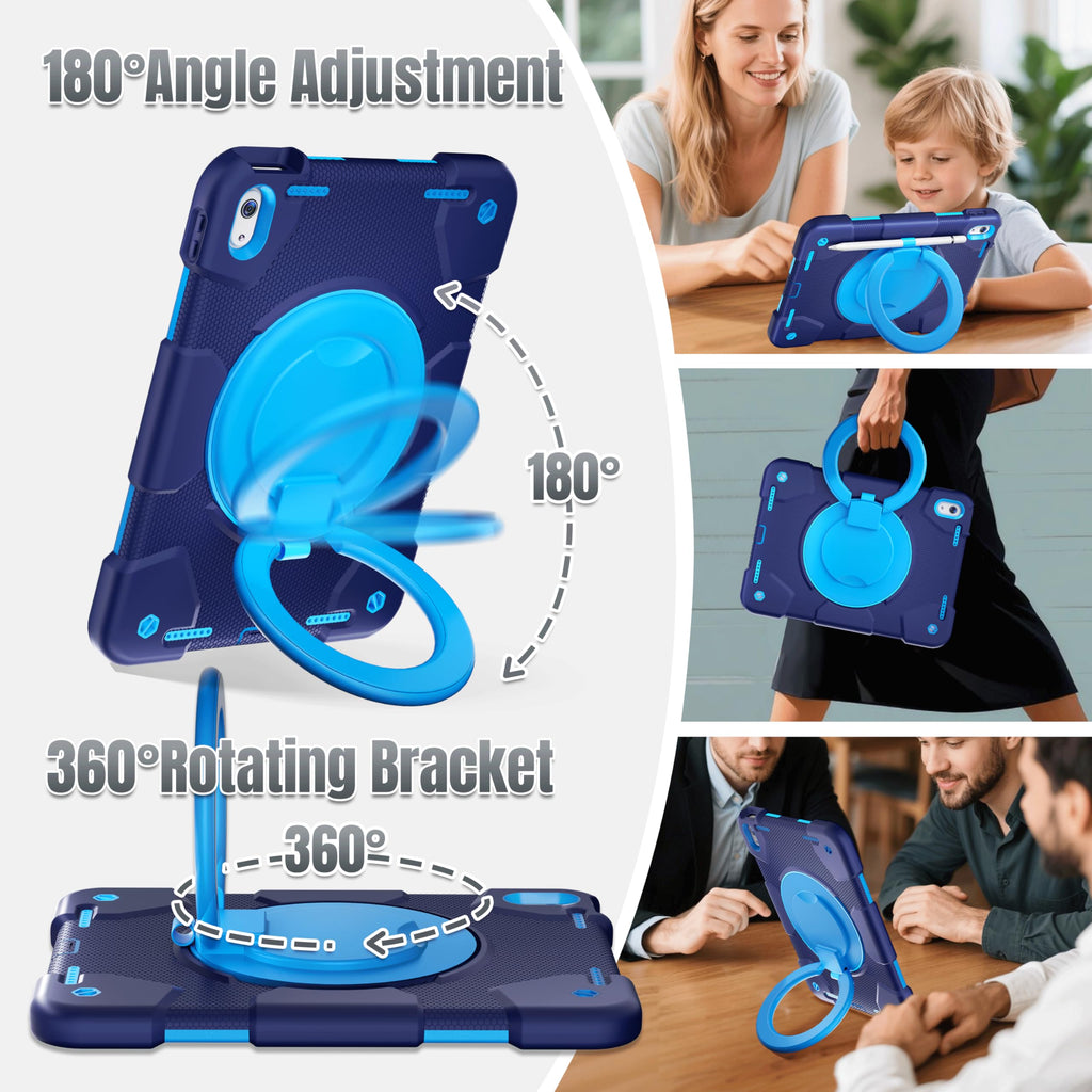 Andnary Case for iPad (A16) 11th/10th Generation 11/10.9 Inch 2025/2022 with Screen Protector/360° Rotate Stand/Shoulder Strap/Pencil Holder, Shockproof iPad 11th/10th Gen Cover (Navy+Blue)
