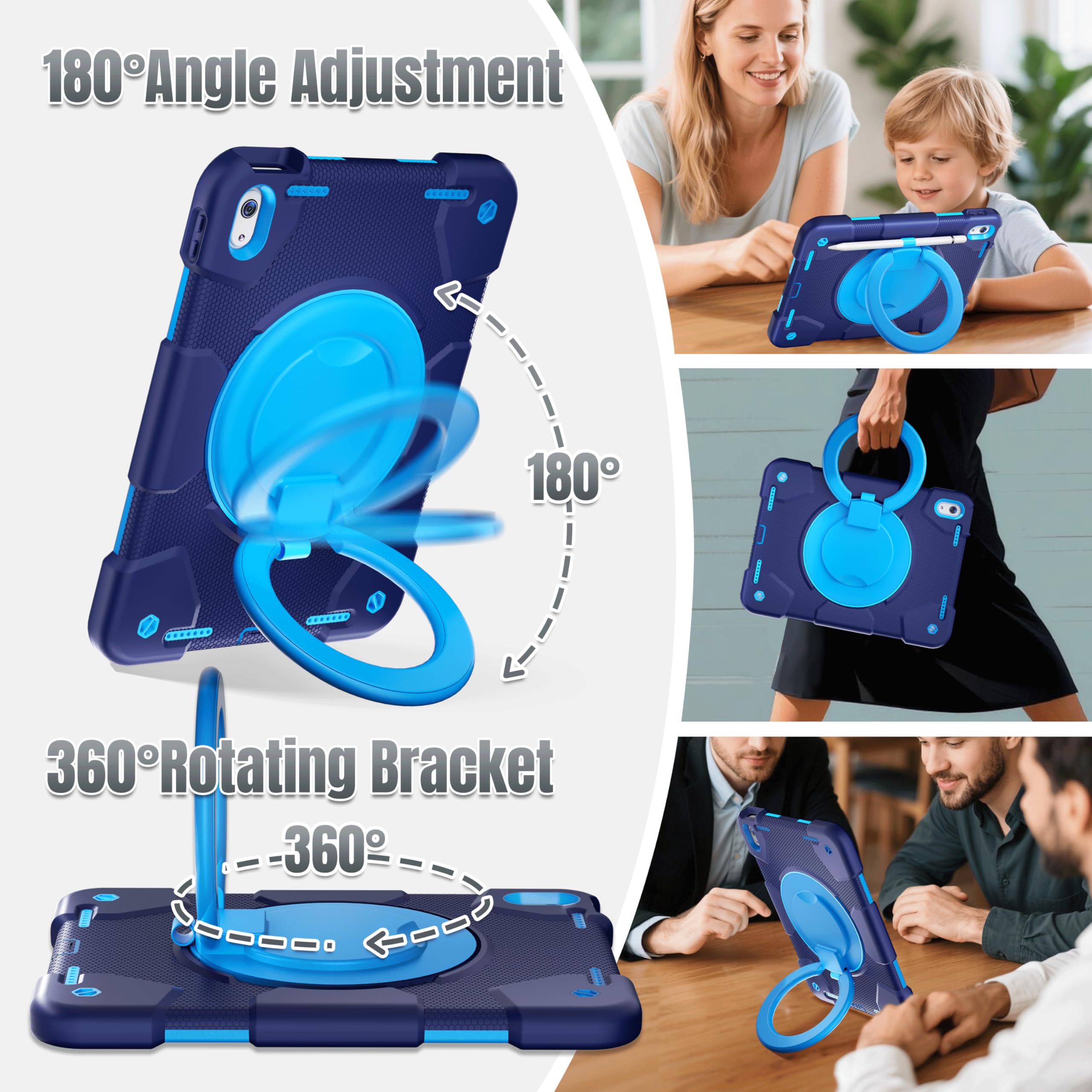 Andnary Case for iPad (A16) 11th/10th Generation 11/10.9 Inch 2025/2022 with Screen Protector/360° Rotate Stand/Shoulder Strap/Pencil Holder, Shockproof iPad 11th/10th Gen Cover (Navy+Blue)