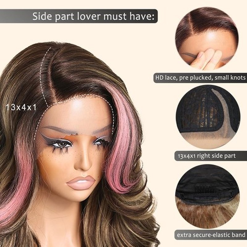 FABÉLLE Pink Highlight Wig Body Wave Wig Glueless Wig Lace Front Wigs for Black Women 24 Inch wear and go Synthetic Lace Front Wig