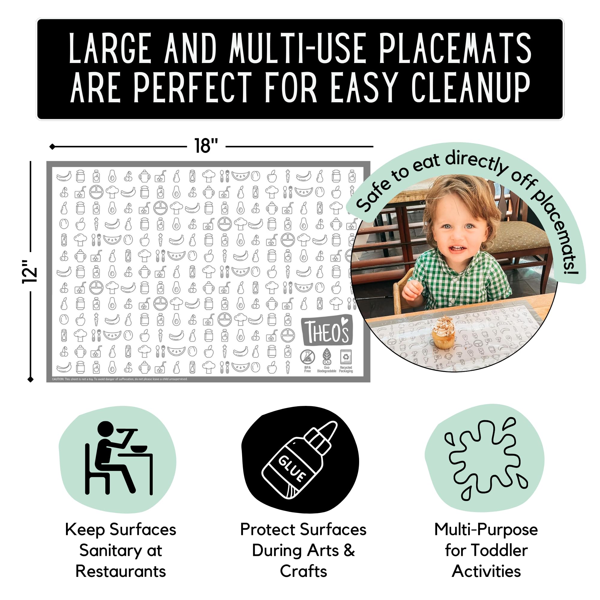 THEO'S 50 Pack Stick on Disposable Table Mats for Kids & Baby Led Weaning | Large 12" x 18" Restaurant Placemats in Re-usable Travel Pouch