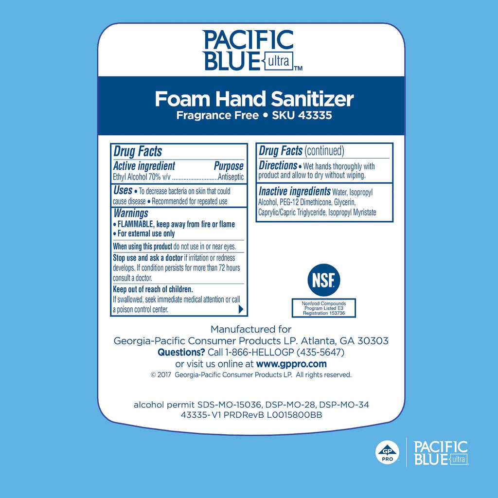 Georgia-Pacific (43335 Pacific Blue Ultra Foam Hand Sanitizer Refill for Pacific Blue Ultra Manual Dispensers, Dye and Fragrance-Free, 33.8 FL OZ, 4 Refills Per Case