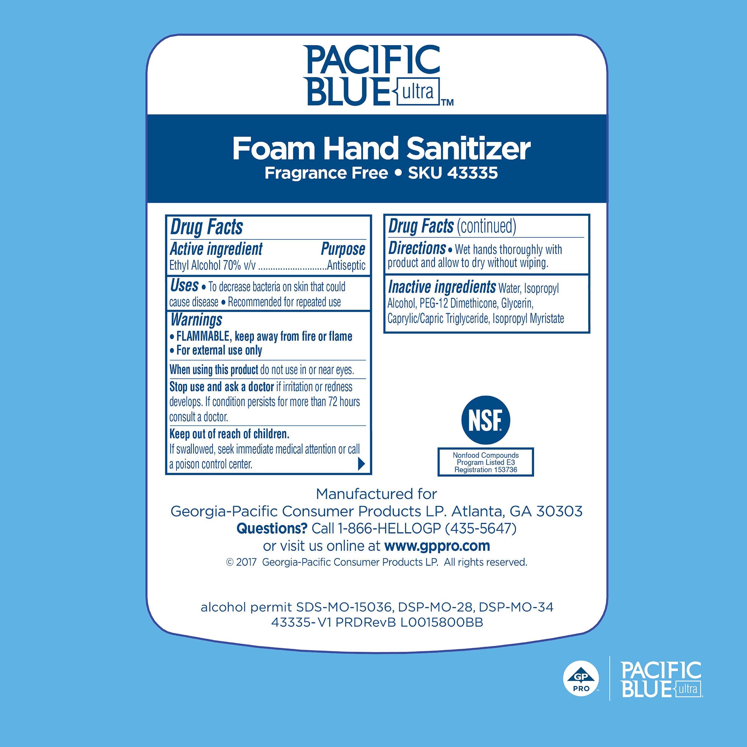 Georgia-Pacific (43335 Pacific Blue Ultra Foam Hand Sanitizer Refill for Pacific Blue Ultra Manual Dispensers, Dye and Fragrance-Free, 33.8 FL OZ, 4 Refills Per Case