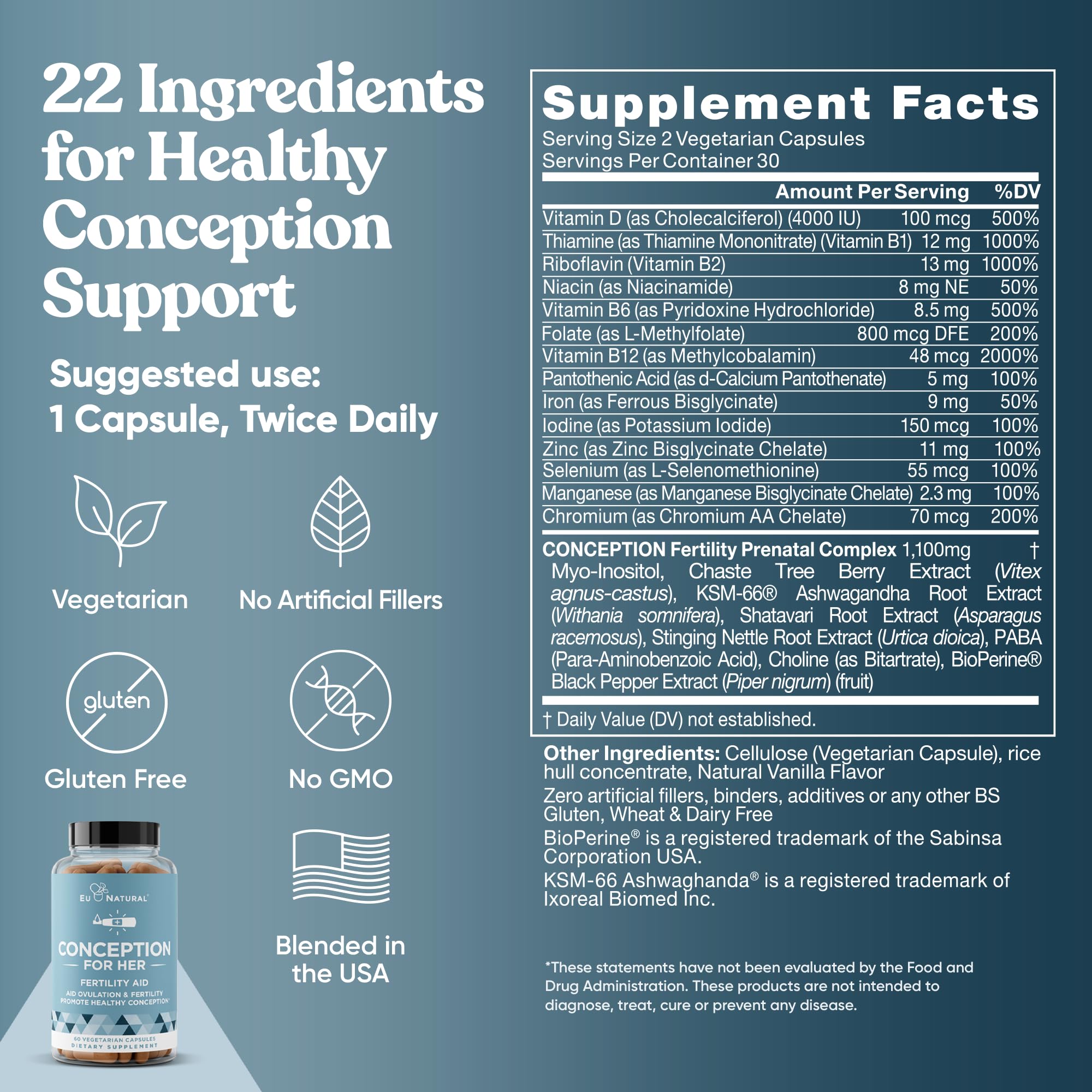 Eu Natural Conception for Her Fertility Supplements for Women - Ovulation, Hormonal Balance & Regular Cycle Support - Myo-Inositol, Folate, Shatavari & Vitex - 60 Vegetarian Capsules