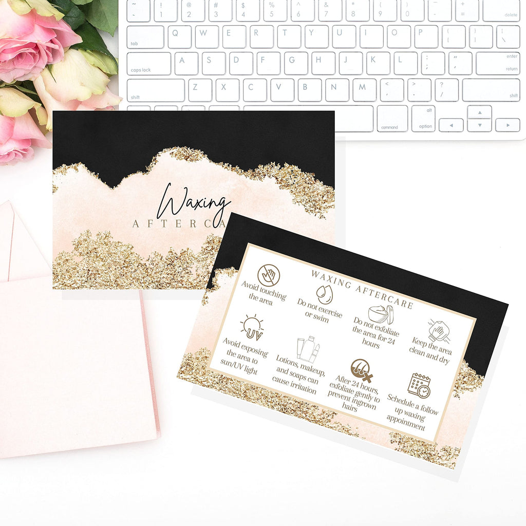 Boutique Marketing Waxing Loyalty Discount Cards | 50 Pack | Size 2x3.5'' inches Business Card Size | Matches Waxing Aftercare Kit Cards PMU | Black, Pink, and Gold Design