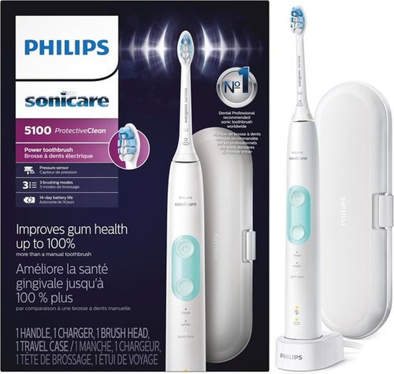 Philips Sonicare ProtectiveClean 5100 Electric Toothbrush - Pressure Sensor, 3 Modes, Travel Case, White, Model HX6857/11