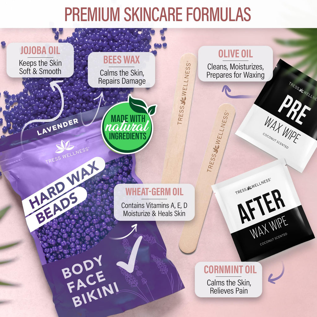 Tress Wellness Award Winning Waxing Kit for Sensitive Skin – Safe for Face & Skin, Easy to Use – At-Home Kit for Face, Bikini, Brazilian & Full Body - Midnight Rose, No Display