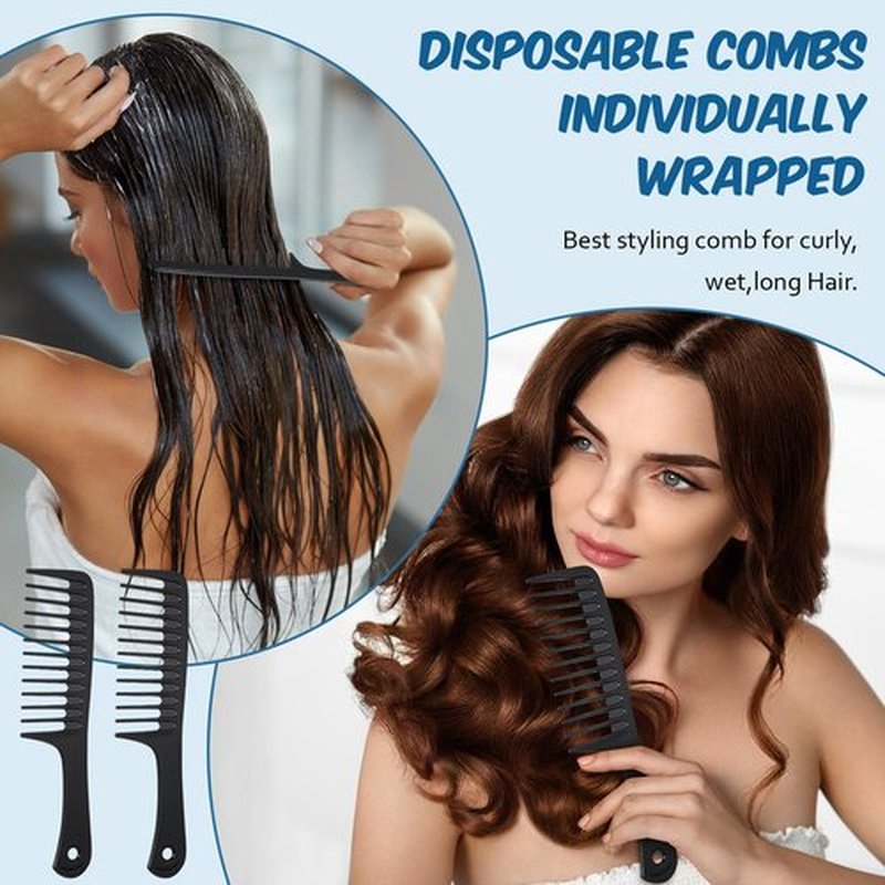 Baderke 50 Pcs Combs Individually Wrapped 9.45 x 2.36 Inches Wide Tooth Combs Disposable Detangling Large Salon Hair Paddle Brush Detangler for Men Women, Black