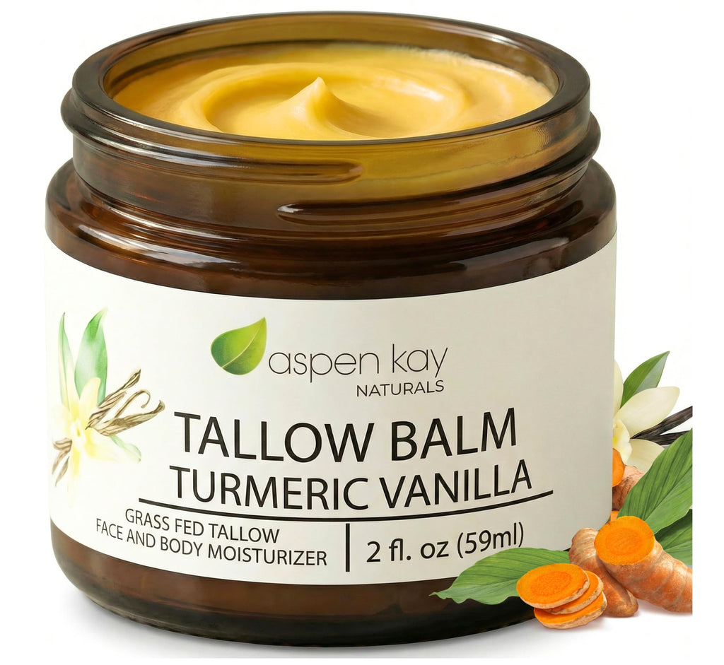 Aspen Kay Naturals Handmade Grass Fed Beef Tallow Balm with Turmeric and Vitamin C for Face and Body, Organic Vanilla Turmeric Skin Moisturizer for Dull Dry Skin, Natural Glow, 2 fl oz, Made in USA