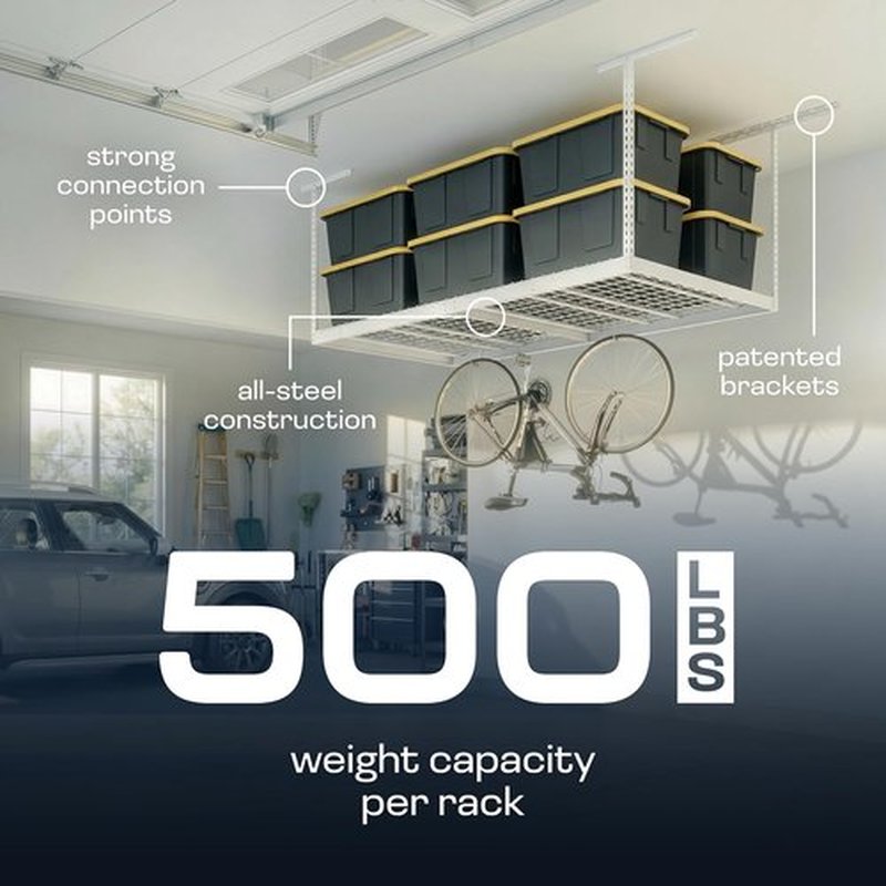 MonsterRax Overhead Garage Storage Rack - 2-Pack Adjustable Ceiling Shelves | White, 24"-45" Height