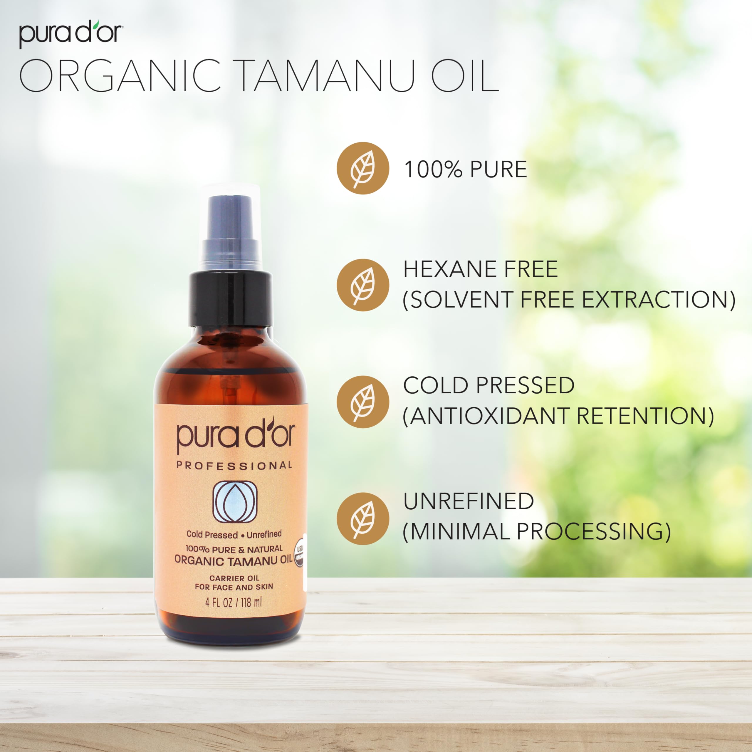 PURA D'OR Organic Tamanu Oil - USDA Certified 100% Pure & Natural Cold Pressed Carrier Oil, Premium Grade Moisturizer For Skin, Face & Hair - Men & Women 4 Oz Ayurvedic Skin Care