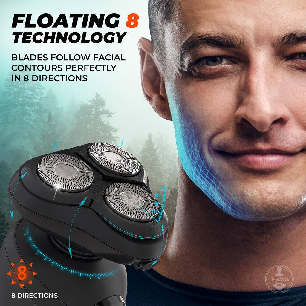 MANECODE® Electric Razor for Men - Shaver with Floating 8 Contouring Technology® and IQ Cleaning Sensor® (Travel Case)