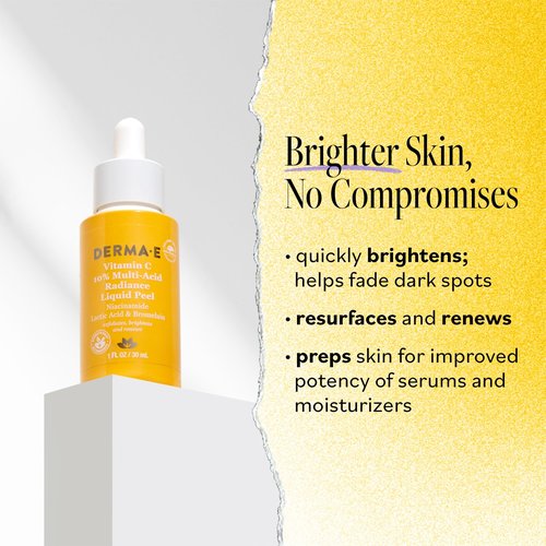 DERMA E Vitamin C 10% Multi-Acid Radiance Liquid Peel with Lactic Acid, 1 Fl Oz, Niacinamide & Bromelain, Exfoliating & Brightening Facial Peel, For Uneven Skin Tone & Discoloration