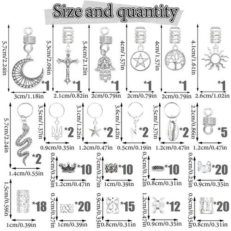 NAISKA Vikings Hair Jewelry for Braids, 186Pcs Norse Runes Tube Beads Cross Snake Loc Dreadlock Accessories, Non-Piercing Ear Cuffs Locs Jewelry for Women and Men