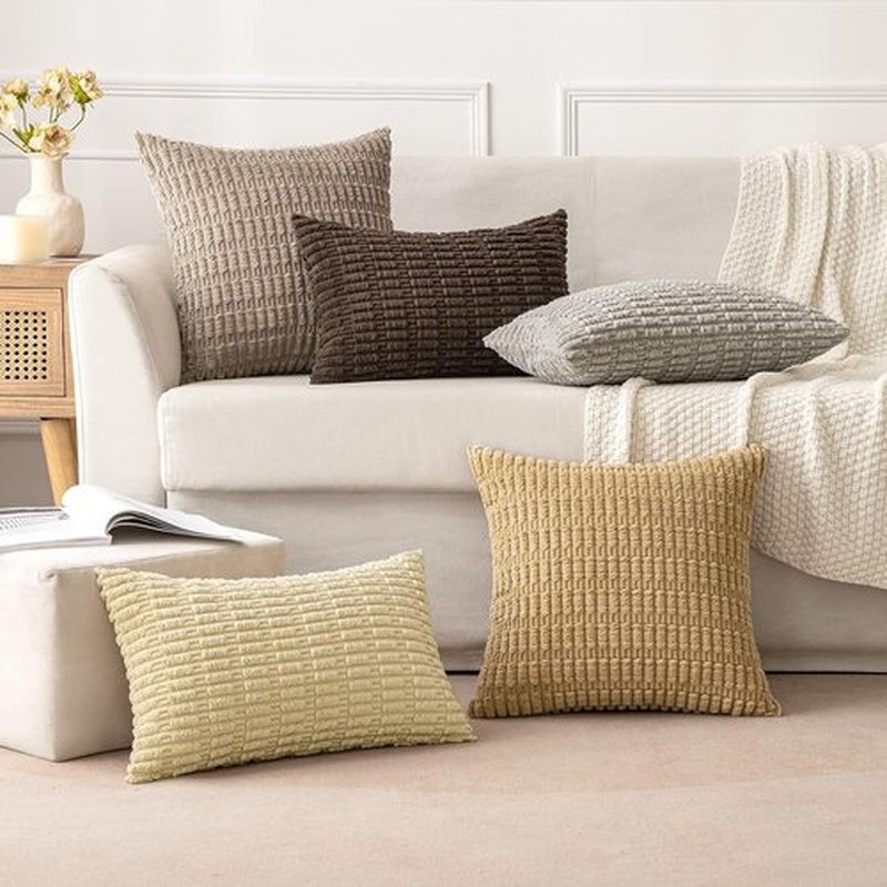 MIULEE Euro Sham Pillow Covers - Soft Corduroy Boho Striped Design | 26x26 Inch Light Brown for Modern Home Decor