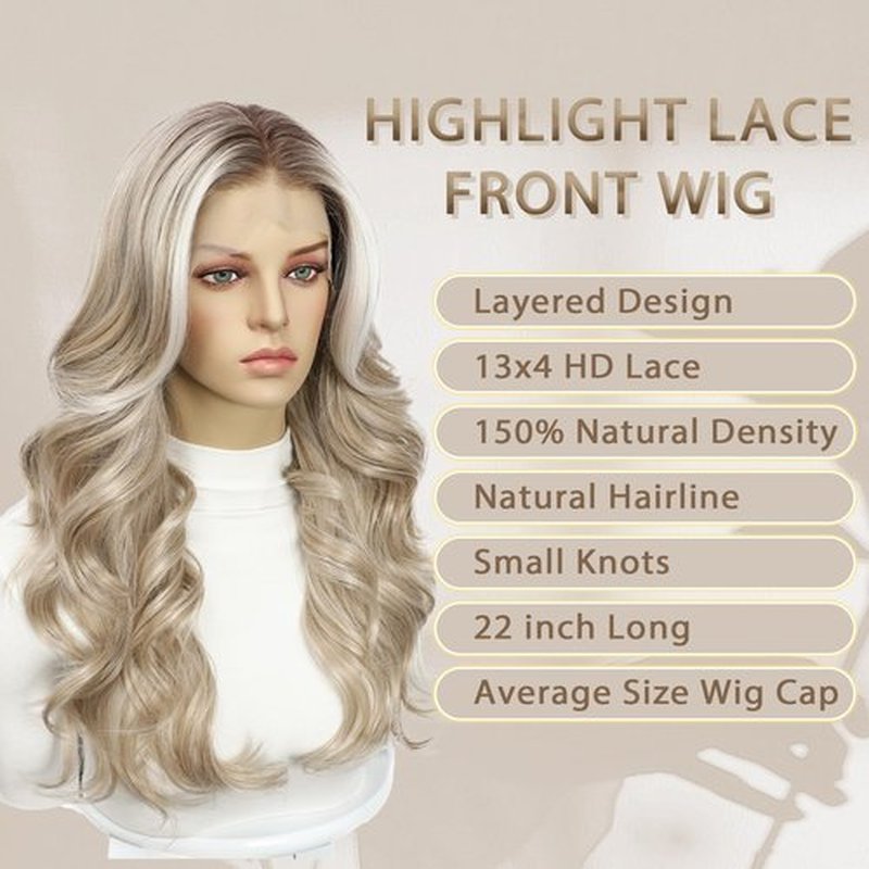 BABEHERS Blonde Lace Front Wig 13x4 Pre Plucked Synthetic Wig for Women Omber Layered Wig with Dark Roots Natural Looking Body Wave Cosplay Daily Party Use, 22 Inch