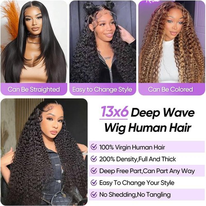 Gaoosi 13x6 Deep Wave Lace Front Wigs Human Hair 30 Inch Curly Deep Wave Wig Human Hair 13x6 200 Density HD Lace Front Wigs Human Hair Pre Plucked Curly Human Hair Wig for Women Natural Black Color