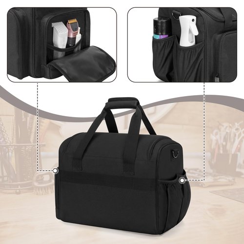 BAFASO Large Insulated Barber Case with a Semi Detachable Divider and 2 Removable Pouches, Hairstylist Traveling Bag Holds Various Hair Cutting Tools, Black