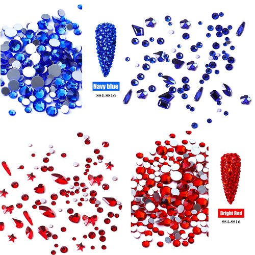 JERCLITY 1620pcs Flat Back Red Nail Rhinestones Blue Nail Rhinestones Round Beads Crystals Glass Gems Stones Multi Shapes Sizes with Picking Pen for Crafts Nail Face Art Clothes Shoes Bags DIY